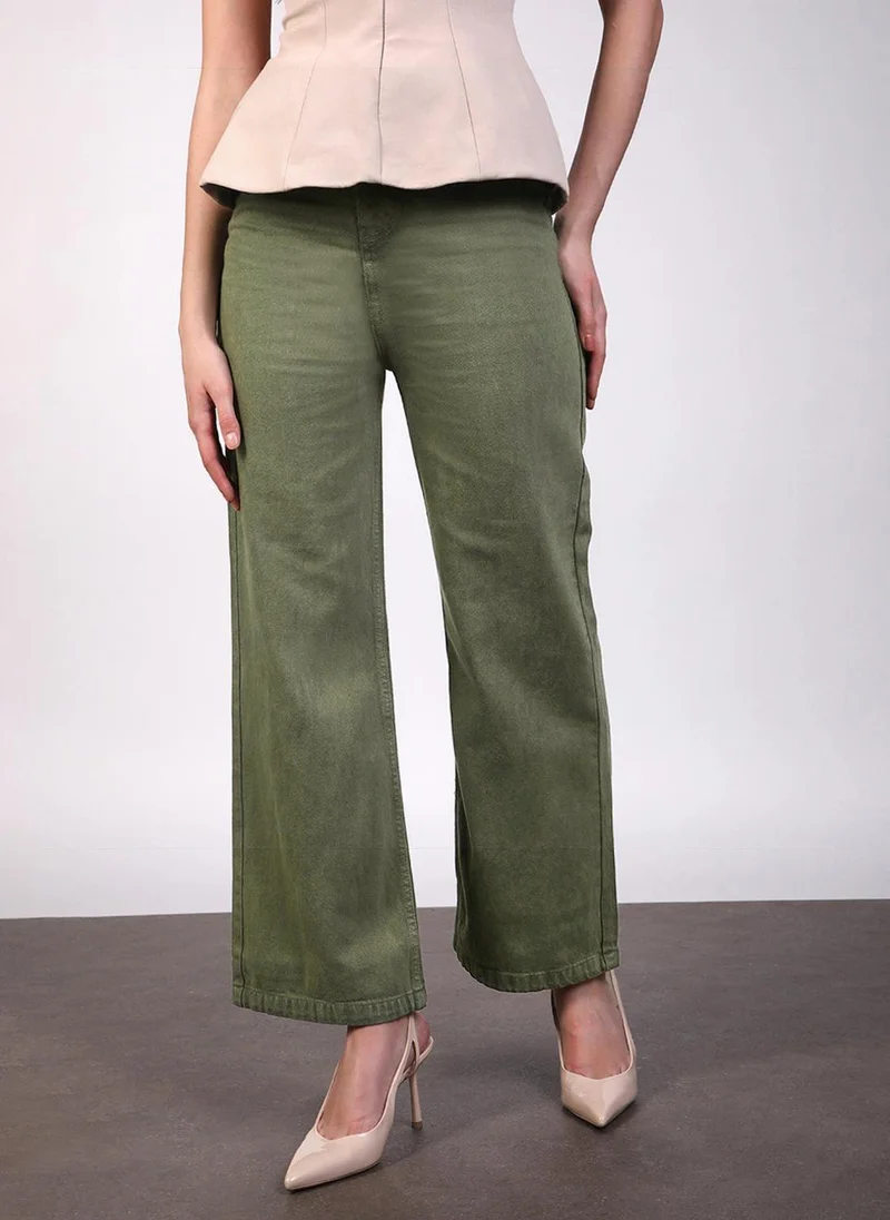 Urbano Fashion Women's Olive Green Regular Fit Wide Leg Washed Jeans